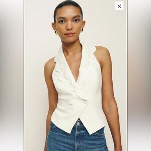 Reformation Cream Embroidered Ruffle Halter Tank